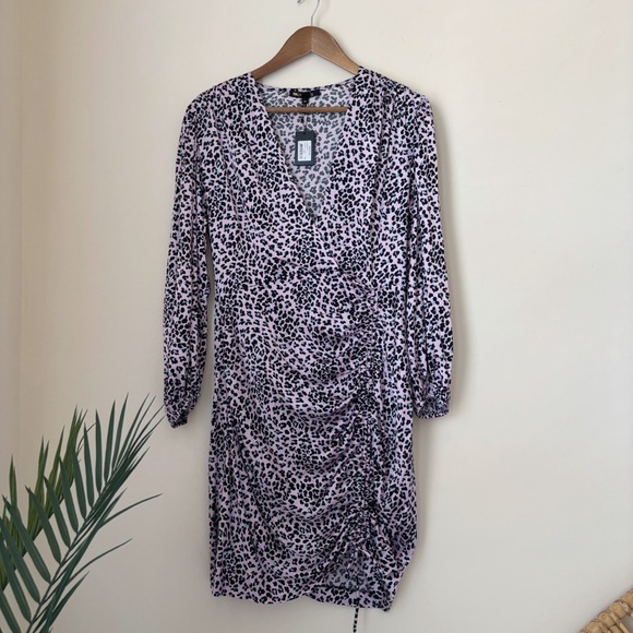 Maje Draped Drawstring Leopard Print Satin Dress Sz 42 XL Purple NEW NWT - Picture 2 of 11